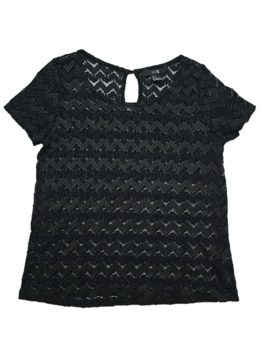 XXI Black Open Stitch Lace Knit Top S Metallic Silver Thread Y2K Grunge Alt Goth